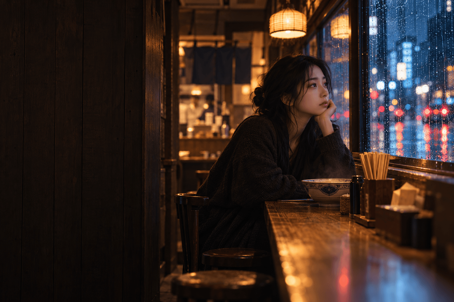雨夜面馆中的故事场景